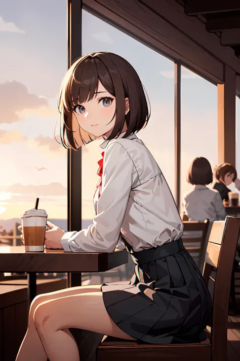 (masterpiece,finely detailed beautiful grey eyes: 1.2),(no lineart:1.2),1girl,backlighting,portrait,brown hair,bob cut,cotton ruffle shirt,sky,sunset,cafe,skirt,knees,chatting