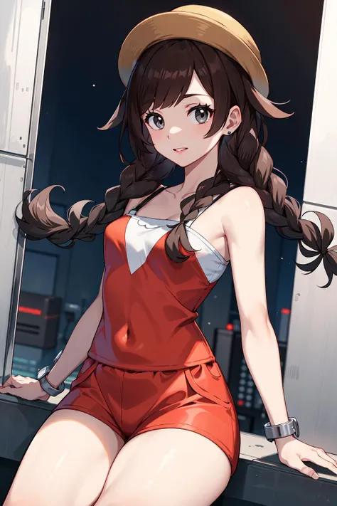 ((best quality)), ((highly detailed)), , (1girl), full body, (((wide shot))), <lora:hairdetailer:.6>, <lora:may_pokemonGoofyAI:.9>, may pokemon, brown hair, medium hair, blue eyes, medium breasts, smiling, red bandana, red shirt, collared shirt, short sleeves, bike shorts, bodysuit, chunky sneakers, gloves, fanny pack, (outside, at a stairway, night, night sky, stars, crescent moon, telescope, cloudy), <lora:Riri_artstyle:1>
