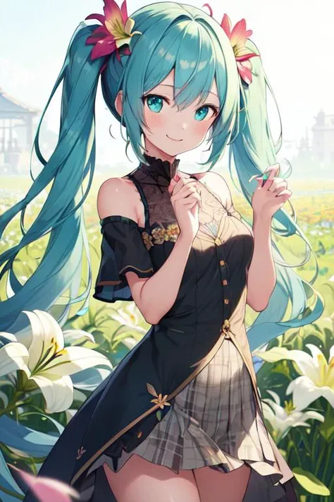 rcnz_niji style, (masterpiece, best quality, highres:1.4), 1girl, ((unity 8k wallpaper, illustration, lily_\(flower\), beautiful and delicate detailed girl)), hatsune miku, twintails, green eyes, small breasts, flower field, flower, red flower, plant, flower field, smile,