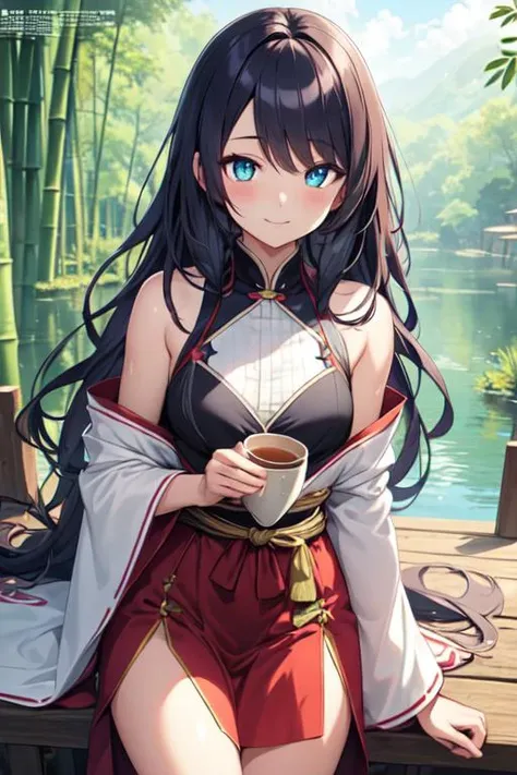 rcnz_niji style, masterpiece, best quality, official art, 8k wallpaper, highly detailed, illustration, 1 girl, Azure hair, long hair, detailed eyes, forrest, bare shoulders, hanfu,lakes, pure, soft smile,bamboo,Tea