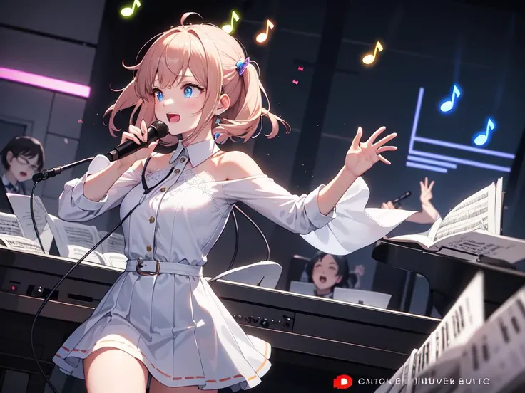 best quality, masterpiece, girl singing, ((glowing music notes flying through the air))