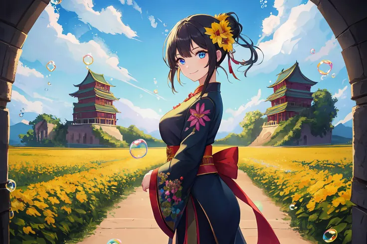 1girl, solo, masterpiece, best quality, extremly detailed,cinematic lighting, finely detailed beautiful face and eyes, 8k, dark intense shadows, yellow flowerfield, vines, [ruins], stone structures, black hair, cowboy shot, oriental structures, Style-Petal,  black hair, updo, black top, red under, cloud, lens flare, ((bubbles)), looking at viewer, chinese structures, (chinese castle), flowers hair ornament, korean clothes, golden embroidery, smile,[ curvy], single braid, medium hair, [wide shot], standing, covered breasts ,ruins, blue sky
