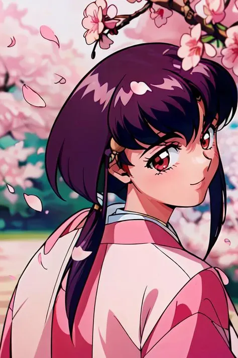 (masterpiece, best quality, highres, absurdres, ultra-detailed:1.2),<lora:AyekaMasakiJurai:0.7>(1girl, solo, ayeka, purple hair, red eyes, obi, japanese clothes, happy, from behind:1.2), (pink sakura, cherry tree petals, love:1.4), <lora:add_detail_v1:0.75>