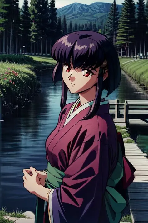 (masterpiece, best quality, highres, absurdres, ultra-detailed:1.2),<lora:AyekaMasakiJurai:0.7>(ayeka, purple hair, red eyes, obi, japanese clothes:1.2), (tree of life, river, bridge, flowers, green grass) <lora:add_detail_v1:0.85> <lora:LowRA:0.7>