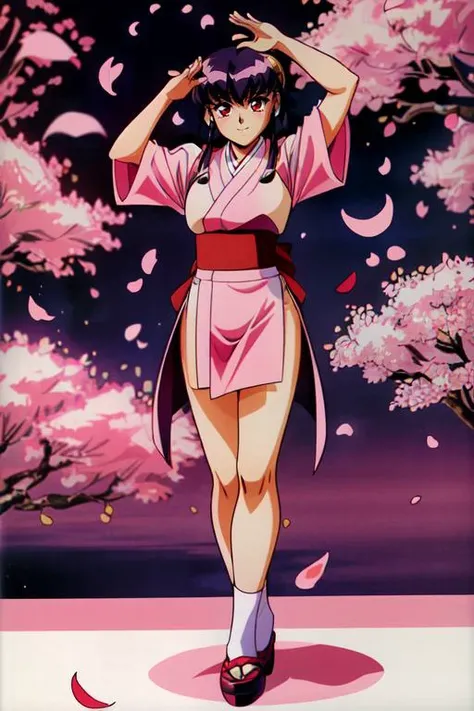 (masterpiece, best quality, highres, absurdres, ultra-detailed:1.2),<lora:AyekaMasakiJurai:0.7>(1girl, solo, ayeka, purple hair, red eyes, obi, japanese clothes, happy, dance, full body:1.2), (pink sakura, cherry tree petals, love:1.4), <lora:add_detail_v1:0.75>