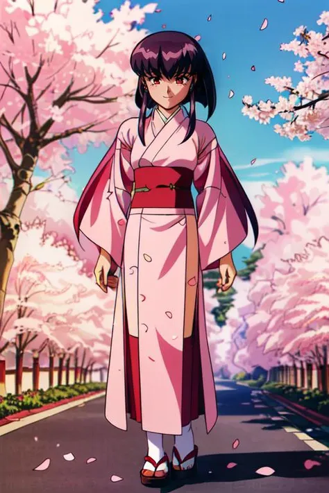 (masterpiece, best quality, highres, absurdres, ultra-detailed:1.2),<lora:AyekaMasakiJurai:0.7>(1girl, solo, ayeka, purple hair, red eyes, obi, japanese clothes, happy, looking to sky, full body:1.2), (pink sakura, cherry tree petals, love:1.4), <lora:add_detail_v1:0.75>