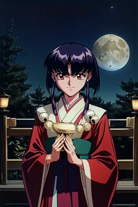 (masterpiece, best quality, highres, absurdres, ultra-detailed:1.2),<lora:AyekaMasakiJurai:0.7>(1girl, solo, ayeka, purple hair, red eyes, obi, japanese clothes, happy, cowboy shot:1.2), (tree of life at night, moon, cinematic, lanterns:1.4), <lora:add_detail_v1:0.9> <lora:LowRA:0.85>
