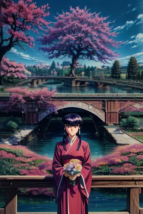 (masterpiece, best quality, highres, absurdres, ultra-detailed:1.2),<lora:AyekaMasakiJurai:0.7>(1girl, solo, ayeka, purple hair, red eyes, obi, japanese clothes:1.2), (tree of life, river, bridge, flowers, green grass:1.6), <lora:add_detail_v1:0.9> <lora:LowRA:0.75>