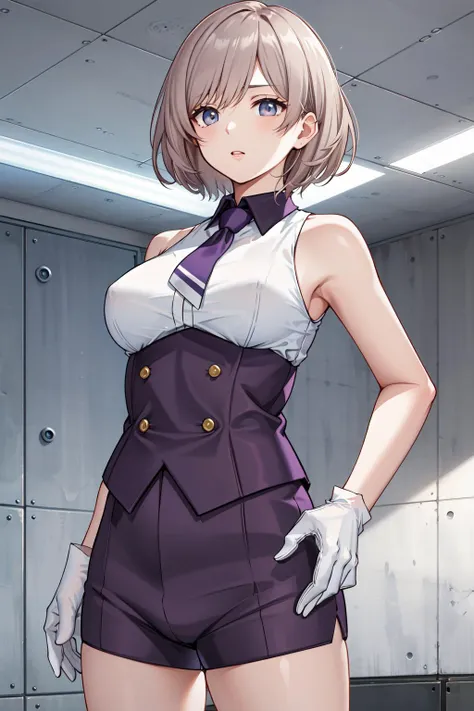 masterpiece, best quality, highres, mujina, solo, white gloves, necktie, purple shorts, short necktie, corset, purple necktie, light brown hair, short shorts, sleeveless, bangs, <lora:mujina_v2:0.7>, cowboy shot