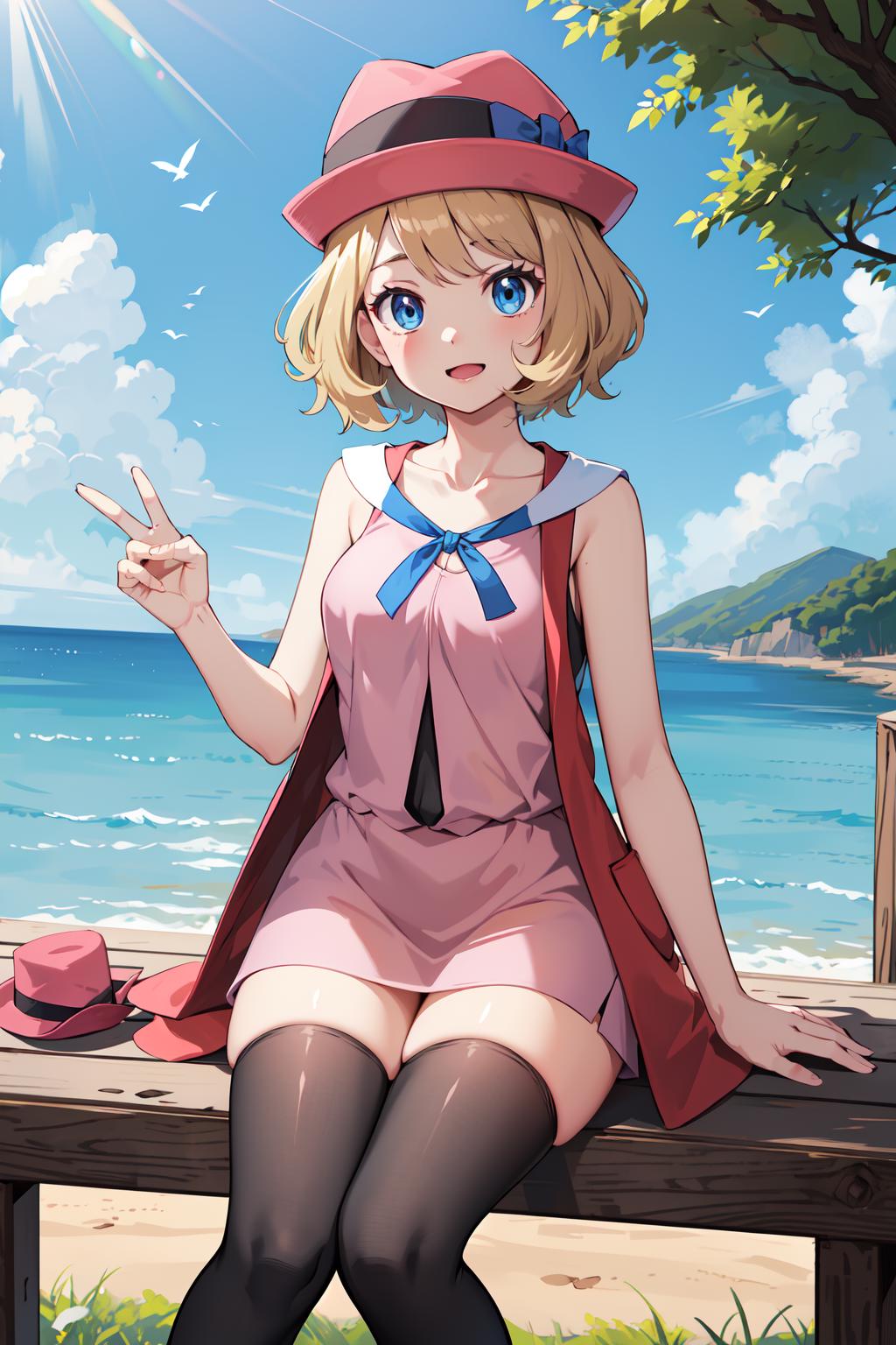 Anime girl sitting on a bench with a hat and a pink dress - SeaArt AI
