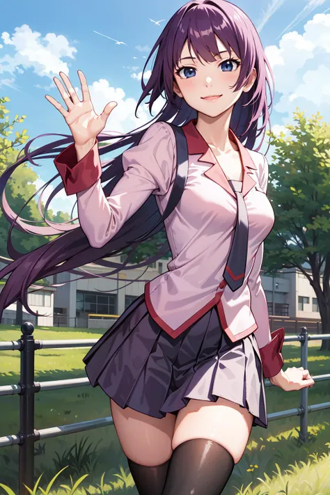 masterpiece, best quality, highres, sh1, senjougahara hitagi, long hair, long sleeves, necktie, school uniform, pleated skirt, juliet sleeves, black thighhighs, pink shirt, <lora:senjougahara_hitagi_v2:0.7>, thighs, breasts, outdoors, waving, smile