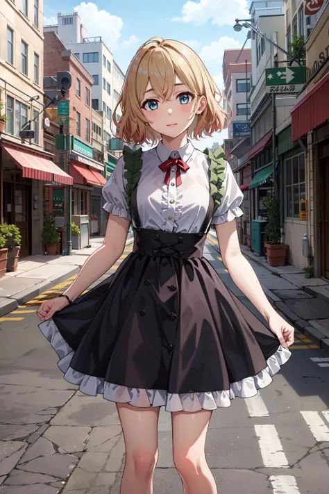 masterpiece, best quality, highres, nm1, frilled shirt, skirt, <lora:nanami_mami_v1:0.7>, standing, street, cowboy shot