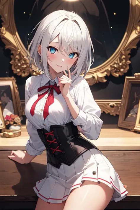 rcnz_niji style, Koneko Toujou (DXD), 1girl, white hair, short hair, konekouniform, school uniform, white shirt, skirt, red skirt, black ribbon, black corset, 1girl, clear image:1, (correct anatomy:1.2), (best quality:1.2), best illumination, (best shadow:1.1), highres, (ray tracing:1), reflected light, (high detail clothes:1.3), ((illustration:1.1)), ((masterpiece)), (((best quality))), ((beautiful detailed eyes)), (extremely detailed CG unity 8k wallpaper:1), ((ultra-detailed:1)), colorful, wallpaper, (perfect artwork:1), (beautiful face:1), pure face, Detailed background, (detailed hands, five fingers), beautiful facial features,