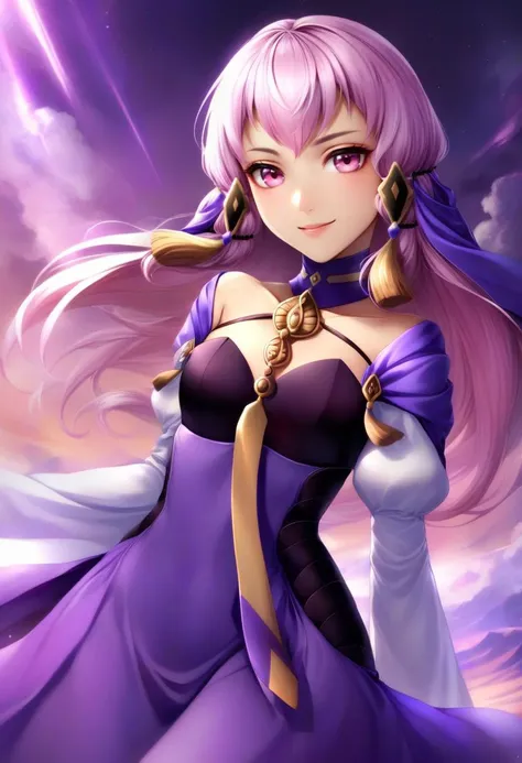 solo, 1girl, lysitheatimeskip, smile, looking at viewer, hair ornament, purple dress, long sleeves <lora:fireemblem_ordelia_xl-000005:1>