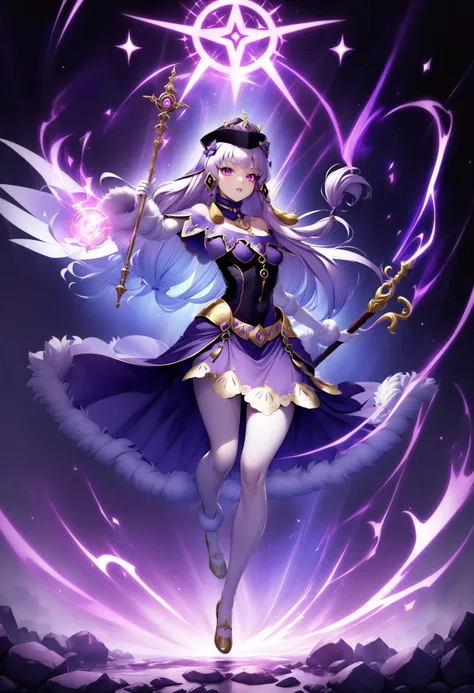 1girl, <lora:fireemblem_ordelia_xl:0.8>, lysitheabrave, hair ornament, hat, dress, fur trim, white gloves, casting spell, staff, holding staff, purple magic, magic, full body, fighting stance,