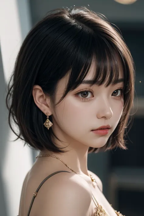 ((masterpiece, best quality)), intricate details, film grain, 1 girl, wavy hair, earrings, looking at viewer, portrait, close-up, bokeh, short hairï¼from side,<lora:moreDetails:0.66>,