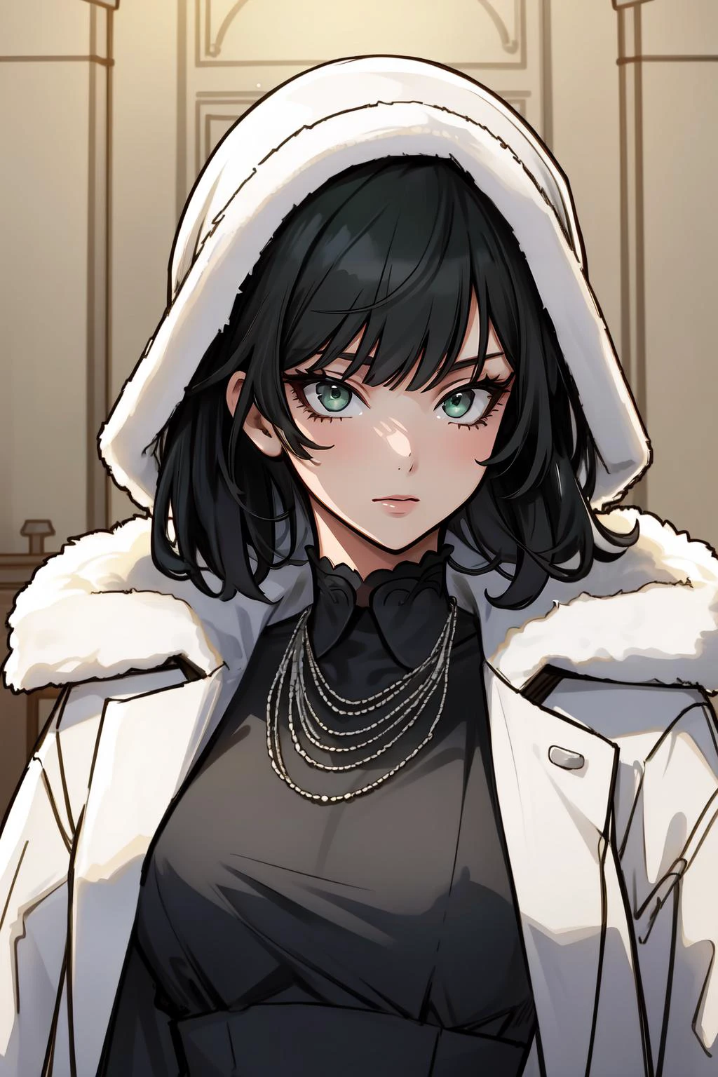 (masterpiece, best quality), intricate details,
(1girl), solo, <lora:fubuki-v2:0.8>large breasts, green eyes, black hair,portrait, taut clothes, taut dress, fur trim, fur coat, necklace,
<lora:boldline2:0.8> <lora:dtl-key:0.8>