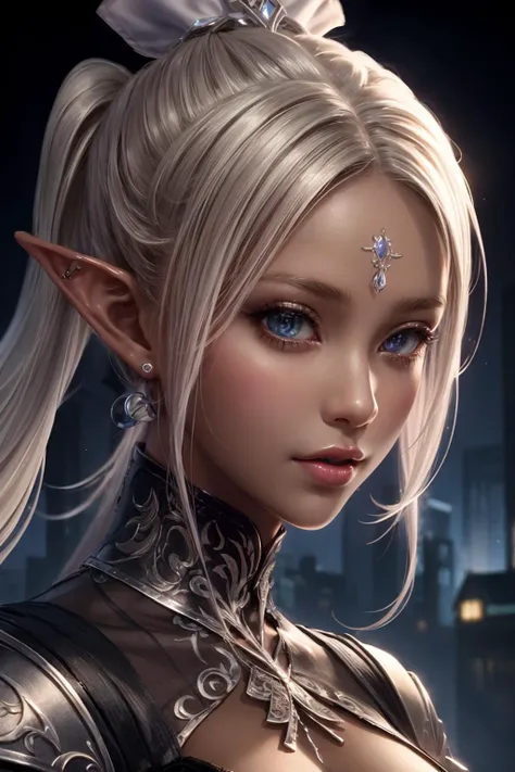 ((masterpiece, best quality)), (intricate details, beautiful and aesthetic:1.2), detailed skin, detailed face, 1 girl, (dark skin:1.3), white ponytail, elf ears, looking at viewer, dark theme, portait, close-up, [:this is a non-sexual cover image for CIVITAI:100],