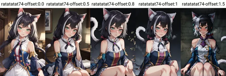 (masterpiece, best quality), intricate details,
(1girl), solo, <lora:karyltest:0.8> karyl, animal ear fluff, animal ears, black hair, black ribbon, cat ears, cat girl, cat tail, fang, (green eyes:1.5), hair bow, long hair, low twintails, multicolored hair, purple bow, ribbon, skin fang, streaked hair, tail, twintails, vertical stripes, white hair, arm support, bare shoulders, blue sleeves, bow, brooch, detached sleeves, dress, frilled sleeves, frills, multicolored clothes, multicolored dress, neck ribbon, sleeveless, sleeveless dress, striped,
<lora:ratatatat74-offset:0.0> ratatatat74 style, blush,