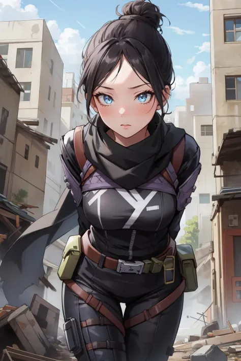 (masterpiece, best quality),  intricate details,
1girl,   <lora:wraith_(apex_legends):0.8> wraith (apex legends), single hair bun, hair bun, bodysuit, scarf, black bodysuit, holding, breasts, black hair, black scarf, large breasts, blue eyes, belt, brown belt, bangs, parted bangs, hair behind ear, gloves, nose piercing, black gloves, thigh strap,
ruined skyscraper, debris, post-apocalypse, arms behind back, leaning forward,