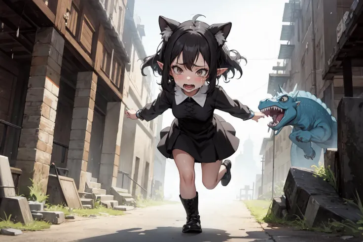 ((masterpiece, best quality)), 1 girl, pointy ears, gothic dress, crying, running, dinosaur, wide shot, full body,