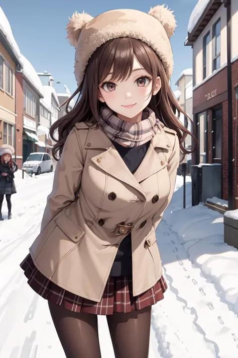 ((masterpiece, best quality)), 1 girl, brown wavy hair, fur hat, scarf, coat, plaid skirt, pantyhose, smile, closed mouth, arms behind back, standing, head leaning forward, looking at viewer, street, snow,