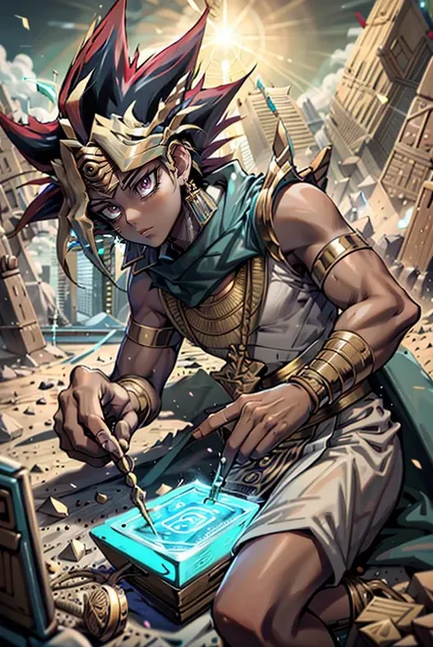 Atem, 1boy, egyptian clothes, eye of horus, jewelry, dark-skinned male, multicolored hair, spiked hair, purple eyes, handsome, beautiful hands, perfect hands, muscular, (((adult male))), pokemon, solo, masterpiece, best quality, 8k, <lora:Atem:1.0>,  <lora:Cyber_Egypt:0.8>