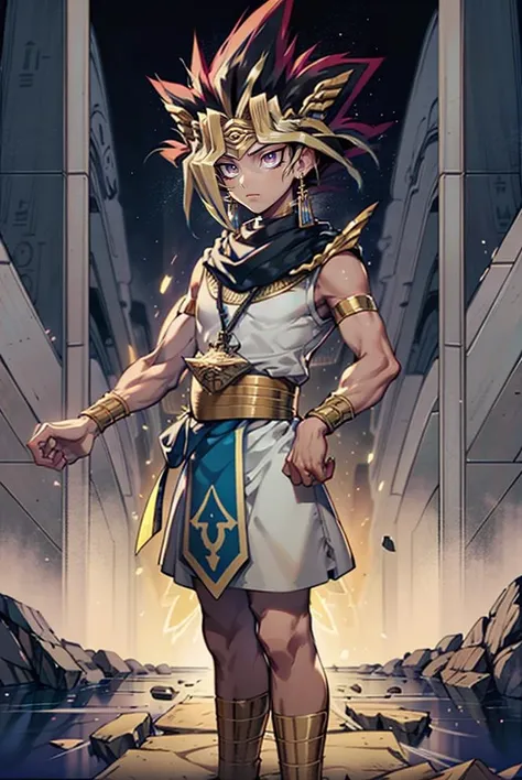 Atem, 1boy, egyptian clothes, eye of horus, jewelry, dark-skinned male, multicolored hair, spiked hair, purple eyes, handsome, perfect hands, muscular, adult male, solo, masterpiece, best quality, 8k, <lora:Atem:1.0>,   <lora:GoodHands-vanilla:0.9> ,  <lora:Alchemy:0.5>