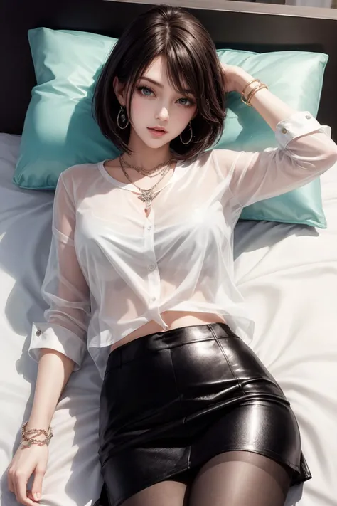 ((masterpiece, best quality)), 1 girl, black bob cut, see-through white shirt, black leather skirt, pantyhose, earrings, necklace, bracelet, lying on bed, looking at viewer, from front above, hotel,