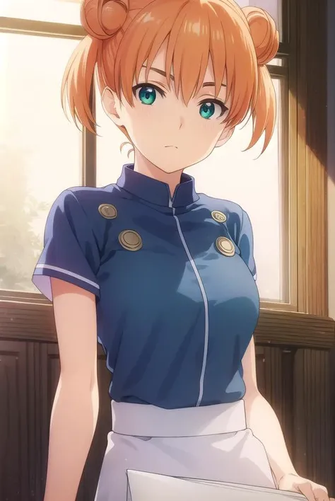 yuukiyoshino, <lora:yuuki yoshino s1-lora-nochekaiser:1>,
yuuki yoshino, short hair, twintails, (green eyes:1.3), hair bun, orange hair, double bun,
BREAK chef, pants, white pants,
BREAK indoors, kitchen,
BREAK looking at viewer, (cowboy shot:1.5),
BREAK <lyco:GoodHands-beta2:1>, (masterpiece:1.2), best quality, high resolution, unity 8k wallpaper, (illustration:0.8), (beautiful detailed eyes:1.6), extremely detailed face, perfect lighting, extremely detailed CG, (perfect hands, perfect anatomy),