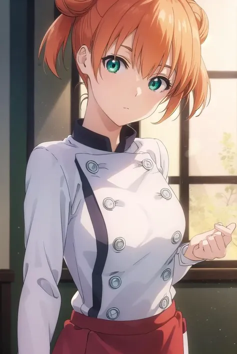 yuukiyoshino, <lora:yuuki yoshino s1-lora-nochekaiser:1>,
yuuki yoshino, short hair, twintails, (green eyes:1.3), hair bun, orange hair, double bun,
BREAK chef, pants, white pants,
BREAK indoors, kitchen,
BREAK looking at viewer, (cowboy shot:1.5),
BREAK <lyco:GoodHands-beta2:1>, (masterpiece:1.2), best quality, high resolution, unity 8k wallpaper, (illustration:0.8), (beautiful detailed eyes:1.6), extremely detailed face, perfect lighting, extremely detailed CG, (perfect hands, perfect anatomy),