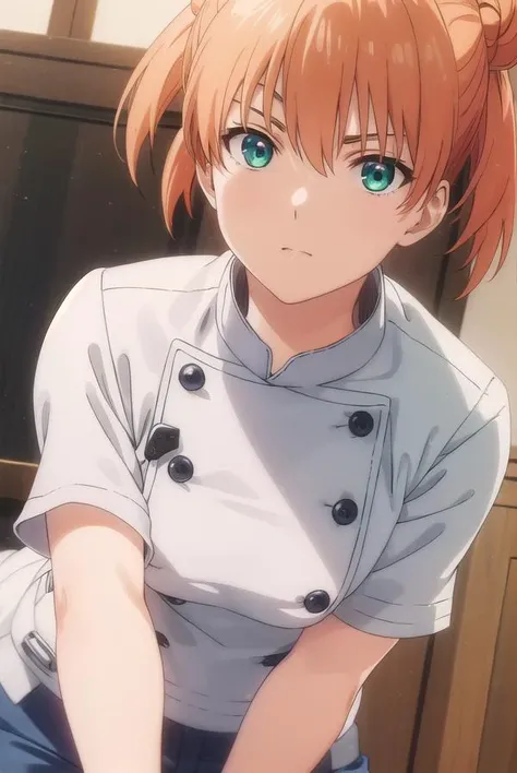 yuukiyoshino, <lora:yuuki yoshino s1-lora-nochekaiser:1>,
yuuki yoshino, short hair, twintails, (green eyes:1.3), hair bun, orange hair, double bun,
BREAK chef, pants, white pants,
BREAK indoors, kitchen,
BREAK looking at viewer, (cowboy shot:1.5),
BREAK <lyco:GoodHands-beta2:1>, (masterpiece:1.2), best quality, high resolution, unity 8k wallpaper, (illustration:0.8), (beautiful detailed eyes:1.6), extremely detailed face, perfect lighting, extremely detailed CG, (perfect hands, perfect anatomy),