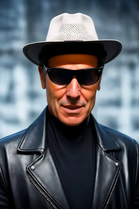 portrait of sks man (skai:1) in the street with a black leather jacket with dark glasses and hat, very detailed face, high quality, in the night, 8k <lora:skai:1>