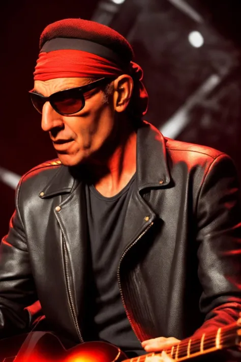 portrait of sks man (skai:1) in the street with a black leather jacket with dark glasses and red headscarf and a guitar in the hands, very detailed face, high quality, in the night, 8k <lora:skai:1>