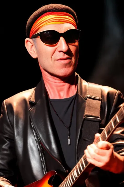 portrait of sks man (skai:1) in the street with a black leather jacket with dark glasses and red headscarf and a guitar in the hands, very detailed face, high quality, in the night, 8k <lora:skai:1>