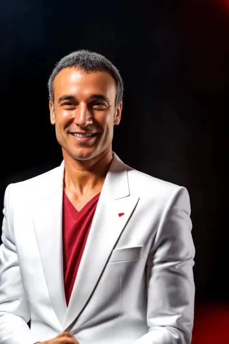 portrait of sks man (skai:1) in the street with a white suit and red tshirt, very detailed face, high quality, in the night, 8k <lora:skai:1>