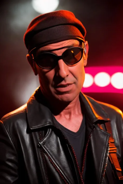 portrait of sks man (skai:1) in the street with a black leather jacket with dark glasses and red headscarf and a guitar in the hands, very detailed face, high quality, in the night, 8k <lora:skai:1>