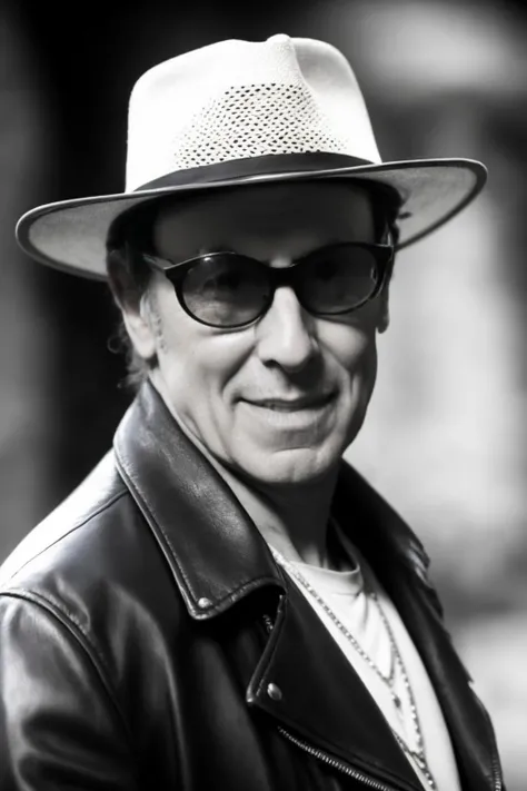 portrait of sks man (skai:1) in the street with a black leather jacket with dark glasses and hat, very detailed face, high quality, in the night, 8k <lora:skai:1>