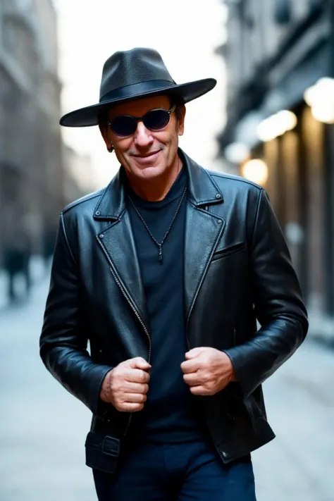 portrait of sks man (skai:1) in the street with a black leather jacket with dark glasses and hat, very detailed face, high quality, in the night, 8k <lora:skai:1>