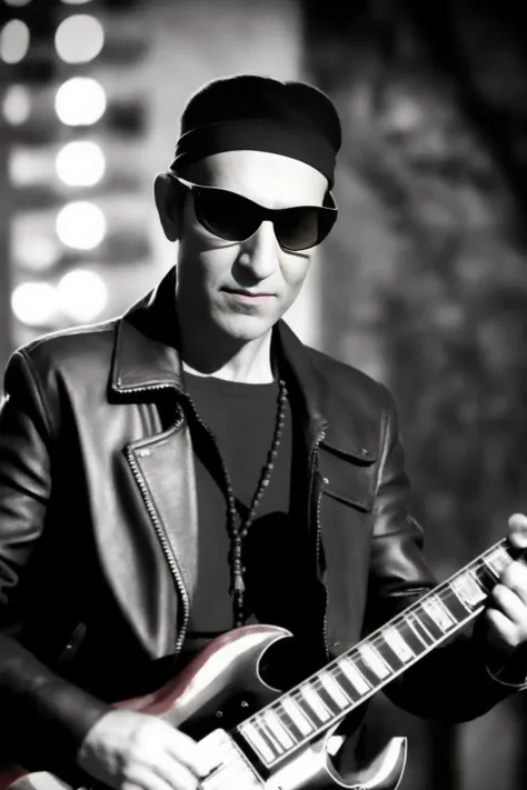 portrait of sks man (skai:1) in the street with a leather jacket with dark glasses and red headscarf and a guitar in the hands, very detailed face, high quality, in the night, 8k <lora:skai:1>
