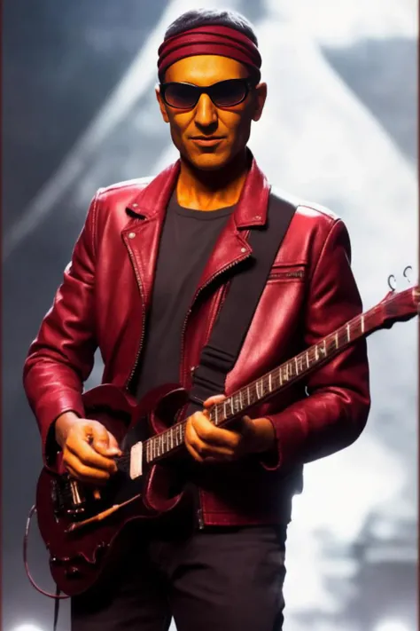 portrait of sks man (skai:1) in the street with a leather jacket with dark glasses and red headscarf and a guitar in the hands, very detailed face, high quality, in the night, 8k <lora:skai:1>
