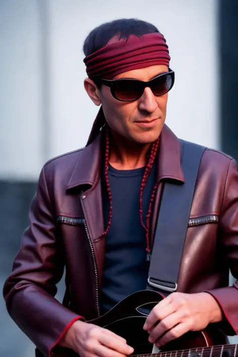portrait of sks man (skai:1) in the street with a leather jacket with dark glasses and red headscarf and a guitar in the hands, very detailed face, high quality, in the night, 8k <lora:skai:1>