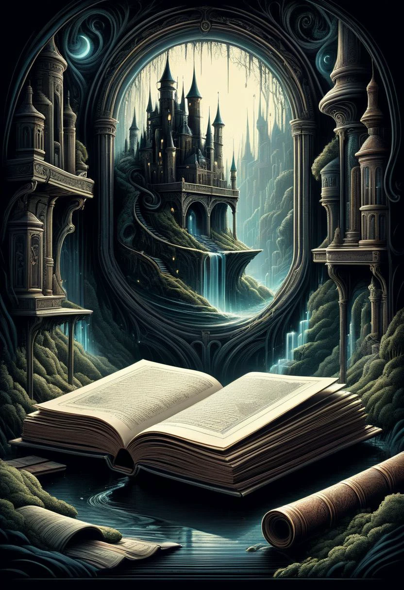 DonMN01rXL 2D illustration enchanted scrolls, line spacing, screen printing, perfect binding, debossing, essenzia (a potent fictional liquid), reading corner , <lora:DonMN01rXL-000008:0.8>