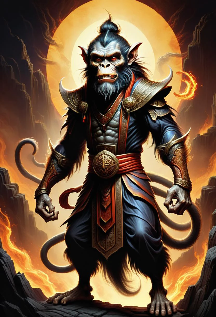 DonMN01rXL 2D illustration hobgoblin, Mythical Monkey King from Chinese folklore, immense strength and magical powers, master of transformation and combat, mischievous and rebellious spirit, perseverance, cunning, ruined,labor,family-friendly,jazzy , <lora:DonMN01rXL-000008:0.8>