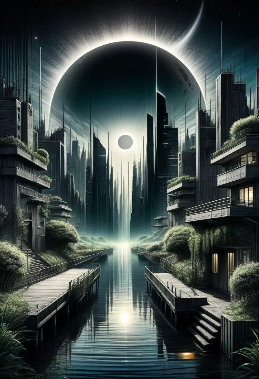 DonMN01rXL manga urban landscape, waterfront promenade,celestial body,solar eclipse,lush vegetation , <lora:DonMN01rXL-000008:0.8>