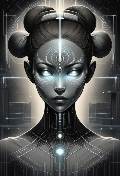 DonMN01rXL 2D illustration female neural interface surgeon, energy being- entities composed of radiant, luminous energy, taking on ethereal, luminescent forms, adolescence, broad-shouldered, indigenous australian, brown eyes,   u-shaped chin,  symmetrical cheeks,  pear face shape, elegant neckline,  , grey space buns hair, nervousness,
 assumed position for advanced hand-to-hand combat.,
  wearing  ar mesh leggings, taupe sonic soundwave jacket, microchip oxfords,  , sitting cross-legged, attuning to the vastness of the universe. ,  <lora:DonMN01rXL-000008:0.8>