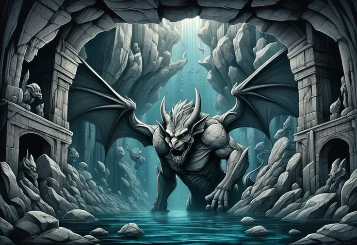 DonMN01rXL anime underwater, rock ceiling,gargoyle,miasma , <lora:DonMN01rXL-000008:0.8>