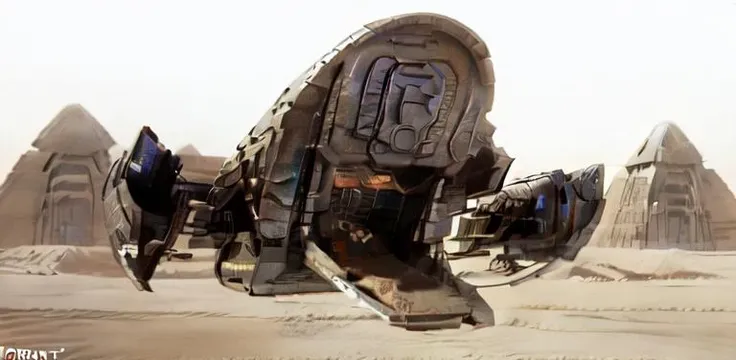 4k high-definition (establishing shot:1.5) photograph of  stargatehorus holding staff guarding sgapj parked in the sand next to an OldEgyptAI pyramid in the desert  <lora:puddlejumper:0.9>  <lora:OldEgyptAI:0.8>  <lora:stargateHorus:0.5>