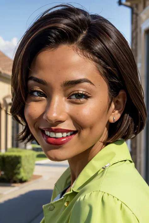 Trudy Proud, brown hair, brown eyes, red lipstick, dark skin,green shirt, looking at viewer, smiling, close up, outside, neighborhood, blue sky, high quality, masterpiece, <lora:Trudy:.6>