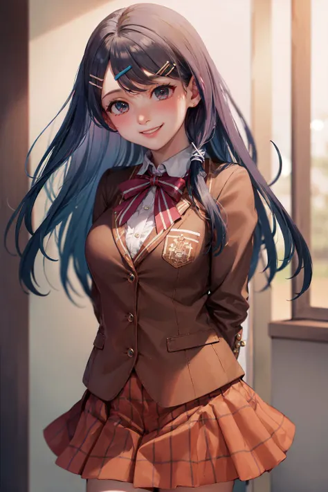 (masterpiece, best quality:1.2), <lora:tokyomirage_oribe-17:0.8>, cowboy shot, solo, 1girl, oribe tsubasa, smile, closed mouth, looking at viewer, arms behind back, hairclip, hair ornament, school uniform, red bow, red plaid skirt